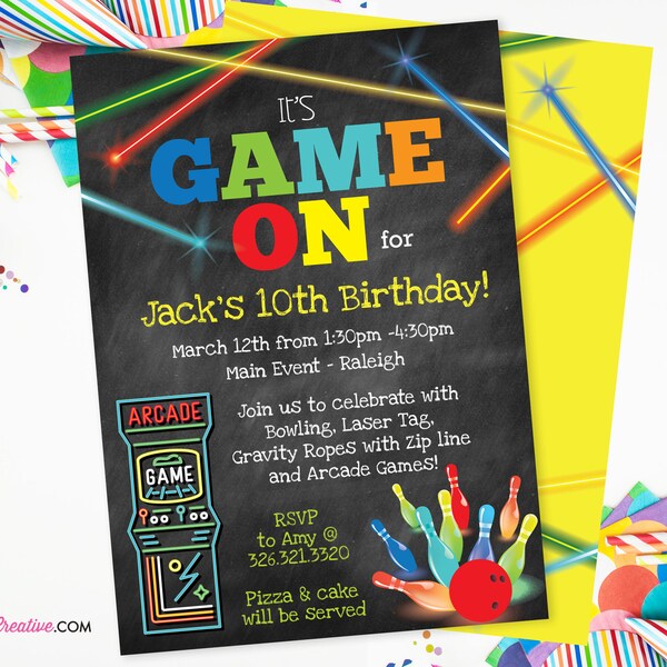 Game On - Jeux d'arcade, Laser Tag, Bowling Birthday Party Invitation - Boys Arcade Game Party - Imprimable, Téléchargement instantané, Modifiable, PDF