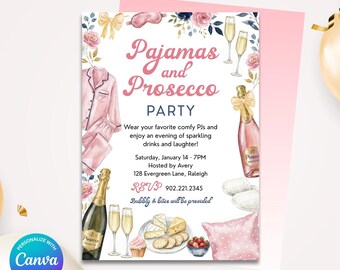 Pajamas and Prosecco Party Invitation (PINK), Watercolor PJs Prosecco Party Invite, Personalize and Edit in Canva