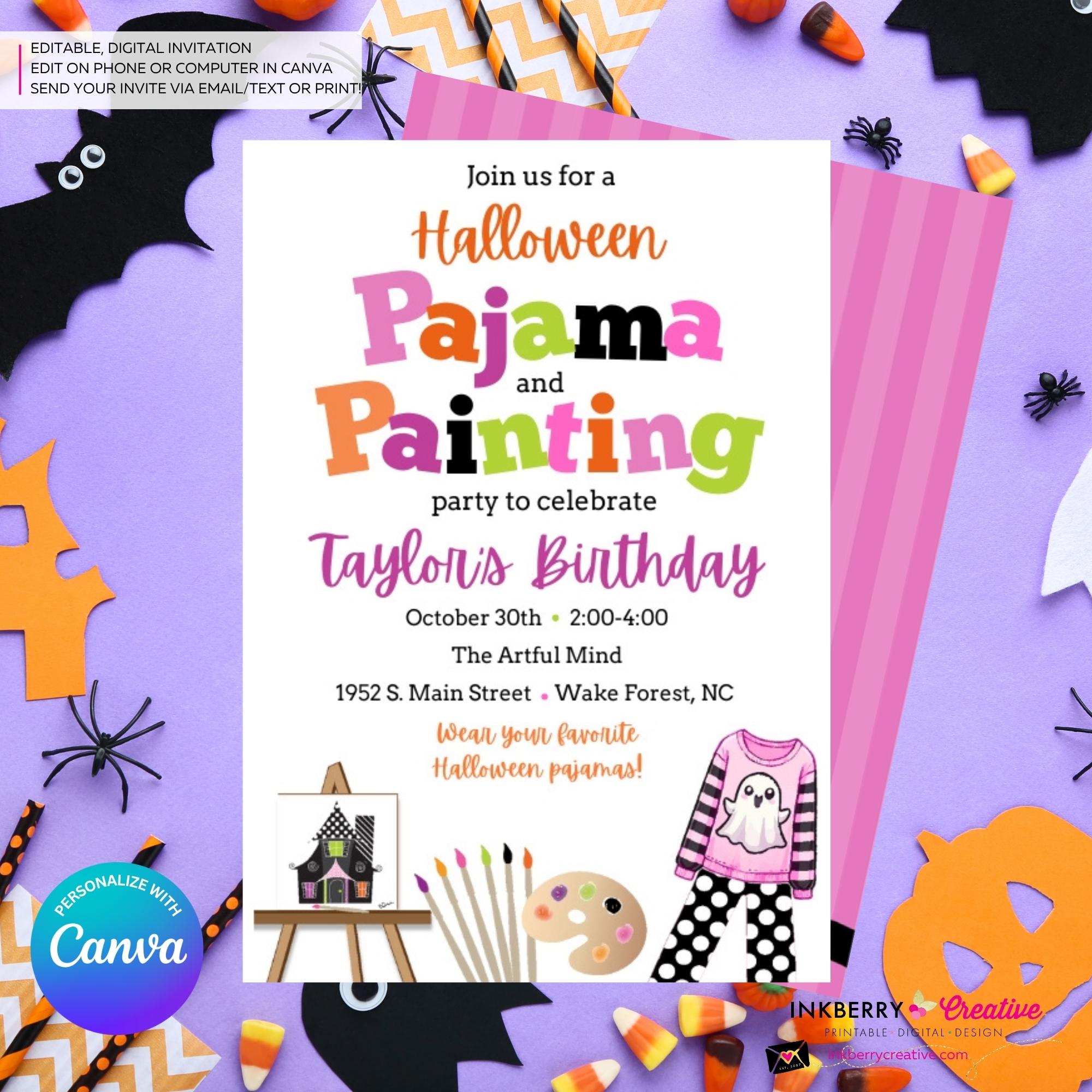 Girls Editable Halloween Pajama and Painting Birthday Party