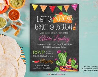 Taco Bout a Baby Shower Invitation, Chalkboard Style w/ Taco, Cactus, Sombrero, Mexican Fiesta Taco Baby Shower - Printable, Editable, PDF