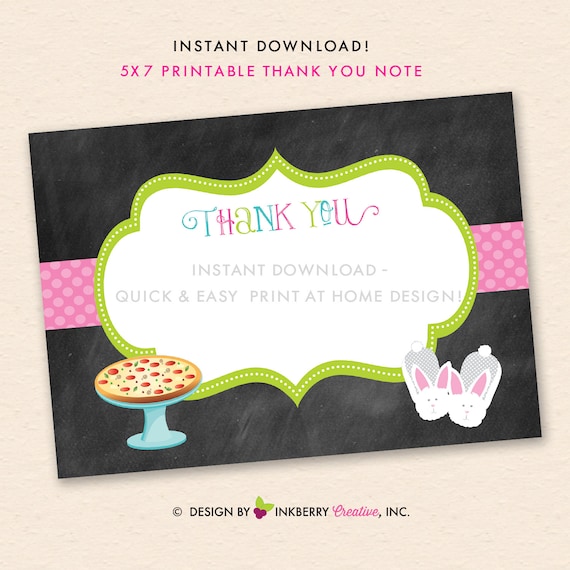 Pizza Pajama Party Blank Thank You Note - INSTANT DOWNLOAD - Digital, Printable Files - Pizza, Bunny Slippers Birthday Party Thank You Note Il_570xn