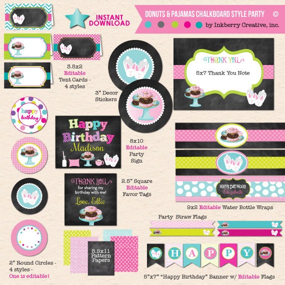 Donuts & Pajamas (Chalkboard and Bunny Slippers Style) Birthday - DIY Printable Party Pack - INSTANT DOWNLOAD! Il_570xn