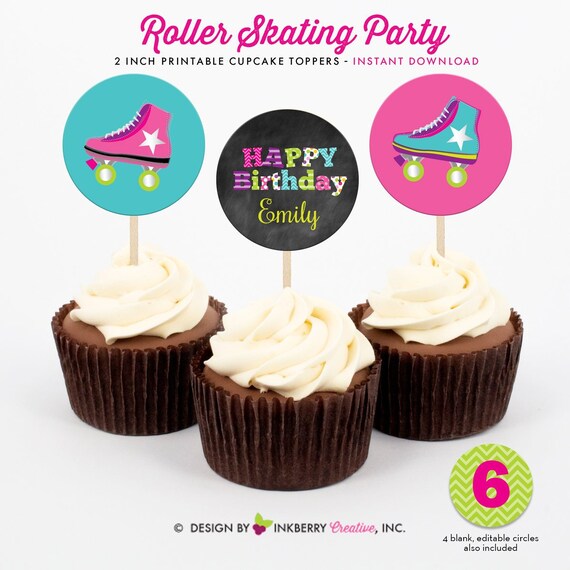 Roller Skating Birthday Party - Printable Cupcake Toppers, Instant Download, Editable Name, Age, PDF File - Pink Roller Skate Cupcake Topper Il_570xn