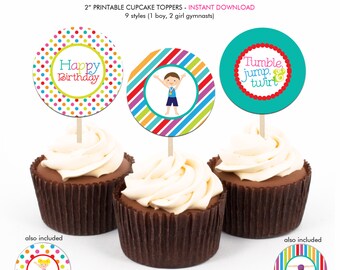 Boy Girl Gymnastics Birthday Party - Printable 2 inch round Cupcake Toppers - Instant Download PDF File