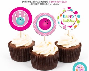 Girl's Bowling Birthday Party - Printable 2 inch round Cupcake Toppers - Instant Download PDF File