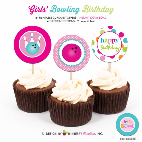 Girl's Bowling Birthday Party - Printable 2 inch round Cupcake Toppers - Instant Download PDF File Il_570xn