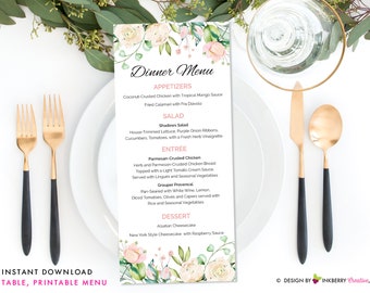 Painted Rose and Greenery Floral Wedding Menu - Printable, Editable, Menu Cards - Instant Download, Editable PDF File, Print Your Own