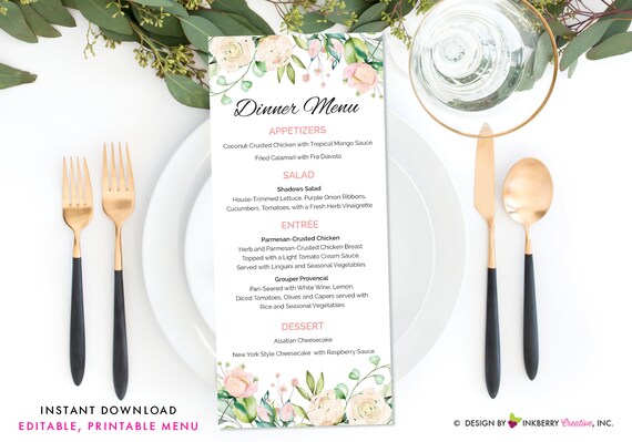Painted Rose and Greenery Floral Wedding Menu - Printable, Editable, Menu Cards - Instant Download, Editable PDF File, Print Your Own Il_570xn