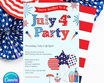 Könnte beinhalten: Eine blau-weiße Einladung zu einer 4. Juli-Party mit roten, weißen und blauen Sternen und Feuerwerk. Die Einladung enthält Datum, Uhrzeit, Ort und RSVP-Informationen. Außerdem wird erwähnt, dass es um 21 Uhr ein Feuerwerk geben wird.