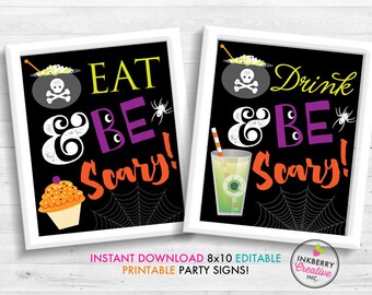 Kids Halloween Party - Eat Drink and Be Scary Printable Halloween Signs - 8x10 - Instant Download JPEG Files