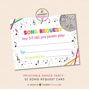 Dance Party DJ Song Request Card - INSTANT DOWNLOAD - Digitale, afdrukbare bestanden - Neon, Disco, Glow, Dance Birthday Party Song Request Card