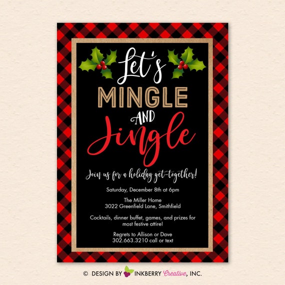 Christmas Party Invitation - Mingle Jingle, Red Black Buffalo Check Plaid, Holiday Party - Digital Printable File OR Printed Cardstock Cards Il_570xn