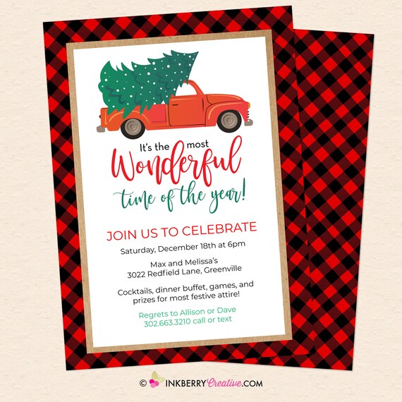 Christmas Party Invitation - Vintage Christmas Tree Truck, Red Black Buffalo Check Plaid - Digital Printable File OR Printed Cardstock Cards Il_570xn