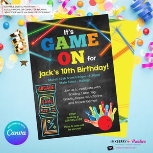Game On - Arcade Games, Laser Tag, Bowling Birthday Party Invitation - Boys Arcade Game Party - Printable, Instant Download, Edit in Canva