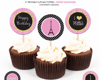 Glam Paris Birthday Party - Printable 2 inch round Cupcake Toppers - Instant Download PDF File