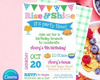 Rise and Shine Kids Birthday Breakfast Brunch Party Invitation, Pancakes, Bacon, Eggs, Waffles - Editable in Canva