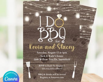 May include: A rustic woodgrain digital invitation for a wedding reception with the text "I Do BBQ for Kevin and Stacey". The invitation features string lights, a gold ring, and a spatula and fork.