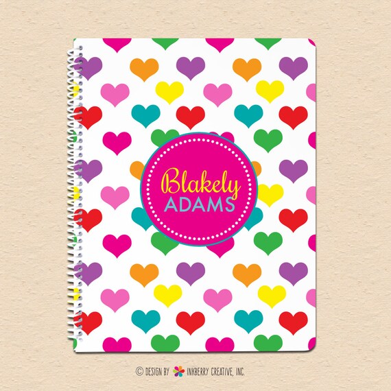 Rainbow Hearts - Girls Colorful Hearts - Personalized, Custom Spiral Notebook Il_570xn