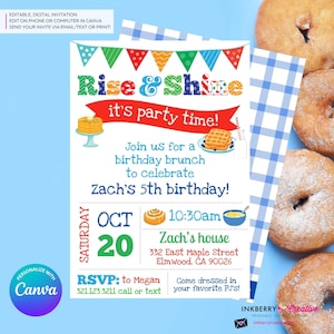 Rise and Shine Boys Birthday Breakfast Brunch Party Invitation - Pancakes, Waffles, Milk, Cereal, Printable, Instant Download, Edit in Canva