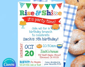 Rise and Shine Boys Birthday Breakfast Brunch Party Invitation - Pancakes, Waffles, Milk, Cereal, Printable, Instant Download, Edit in Canva