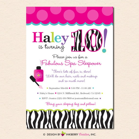Fabulous Spa Sleepover - Hot Pink, Aqua & Zebra - Birthday Party Invitation (Digital, Printable File OR Printed Cardstock Cards) Il_570xn