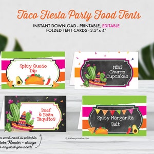 May include: Set of four printable, editable Taco Fiesta Party Food Tent cards. Each card features a different food item, including Spicy Queso Dip, Mini Churro Cupcakes, Beef & Bean Taquitos, and Spicy Margarita Salt. The cards are 3.5" x 4" and have a colorful design.