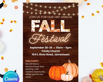 Herbst Festival Flyer, 8.5x11, Woodgrain, Herbst, Lichter, Kürbisse, Kirche, Schulfest einladen - Bearbeitbar in Canva