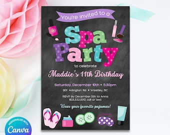 Spa Party Invitation - Girl's Salon Spa Party Invite - Nail Polish, Mask, Flip Flops, Make Up - Printable, Instant Download, Edit in Canva