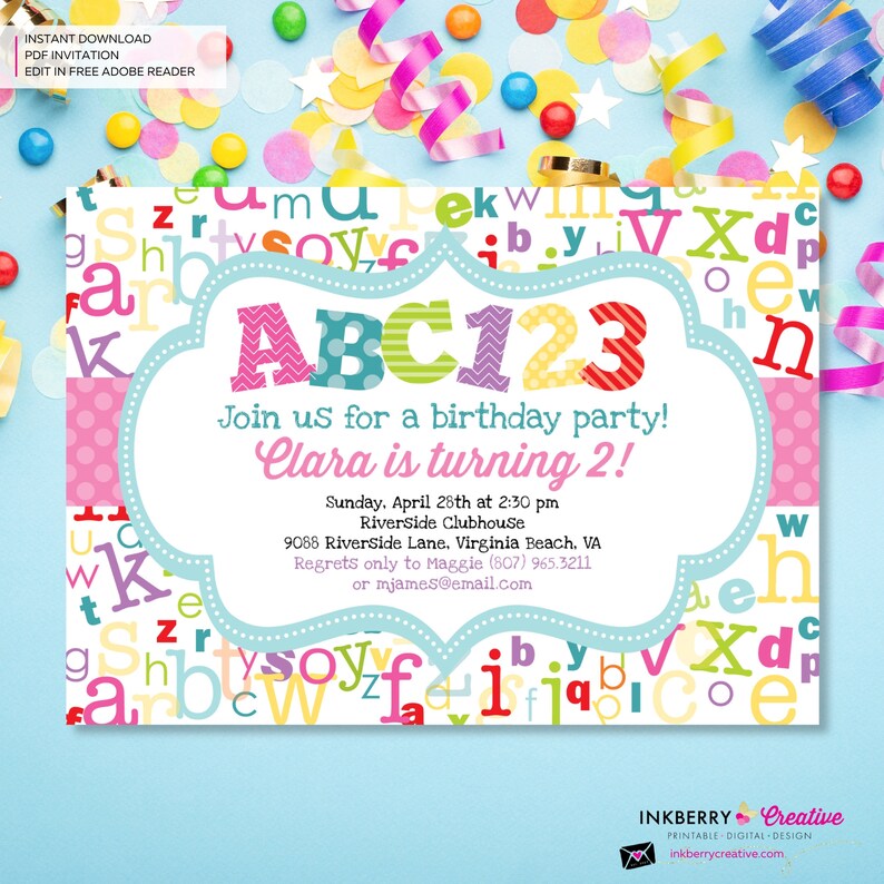 Alphabet Birthday Party Invitation Girls Alphabet Theme Party Invite Girl ABC Birthday Party Printable Instant Download, Editable, PDF image 2