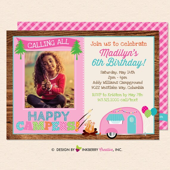 Happy Camper Birthday Party Photo Invitation (Digital, Printable File OR Printed Cardstock Cards) - Campfire, Pink, Cute Camper, Glamping Il_570xn