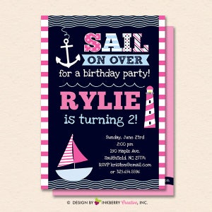 Nautical Sailboat Invitation - Nautical Sailboat Invite - Girls Nautical Birthday Party - Printable, Instant Download, Editable, PDF