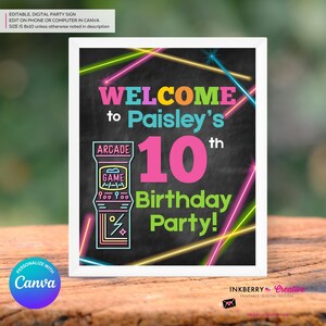 Girls Game On Welcome Party Sign, Arcade Party Decor, Editable Canva Template, Retro Gaming Birthday Printable Sign, 8×10, 11x17, 20x30