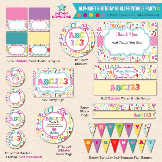 Girls Alphabet Birthday Printable Party - Girls' ABC123 INSTANT DOWNLOAD PDF File - Kids Alphabet Printable Party - Pink Purple Aqua Il_570xn