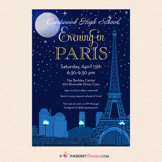 Evening In Paris Prom Party Invitation Paris Theme Invite Etsy
