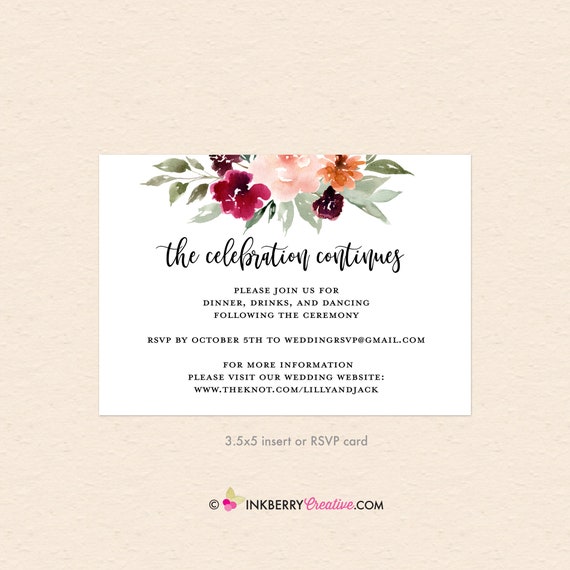 Burgundy, Blush, and Wine Floral Wedding RSVP Insert Card - Painted, Watercolor, Rose, Greenery (Digital File OR Cardstock Printed/Shipped) Il_570xn