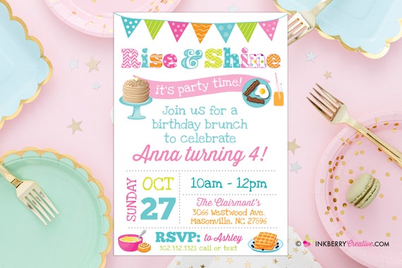 Rise and Shine Kids Birthday Breakfast Brunch Party Invitation - Pancakes, Bacon, Eggs, Waffles - Printable, Instant Download, Editable, PDF Il_570xn