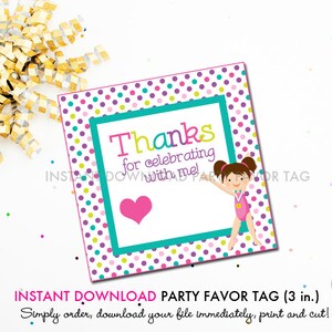 Girls Gymnastics Birthday (Brown Hair) - Printable 3 inch Square Birthday Party Favor Tags - Instant Download PDF File