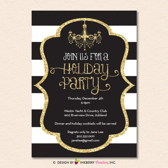 black white stripe gold glitter holiday party invitation gold