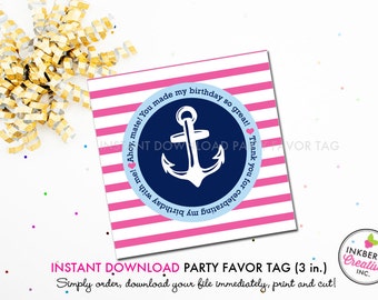 Nautical Anchor (Pink and Navy) - Printable 3 inch Square Birthday Party Favor Tags - Instant Download PDF File