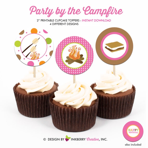 Girl's Camping Birthday Party - Printable 2 inch round Cupcake Toppers - Instant Download PDF File Il_570xn