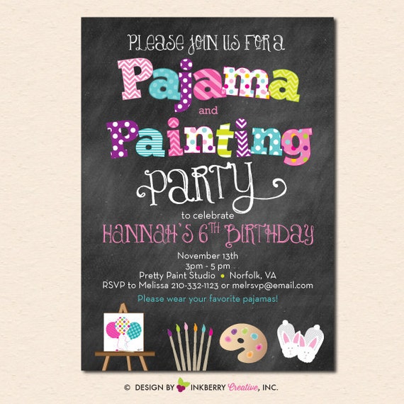 Pajama and Painting Art Party Invitation - Chalkboard Style with Art Canvas, Brushes, Palette and Bunny Slippers Il_570xn