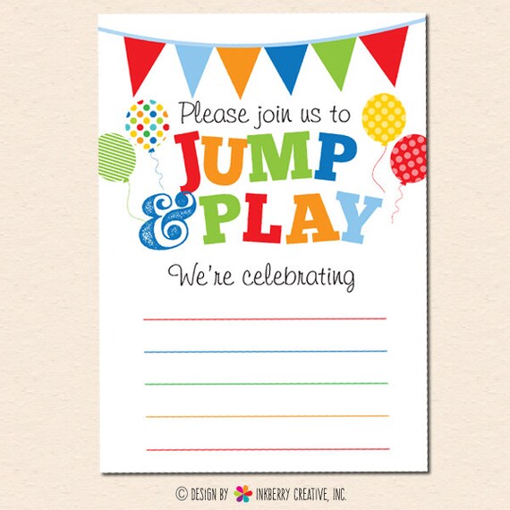 Jump & Play (Primary Colors) Fill in the Blank Party Invitation - INSTANT DOWNLOAD PDF Il_570xn