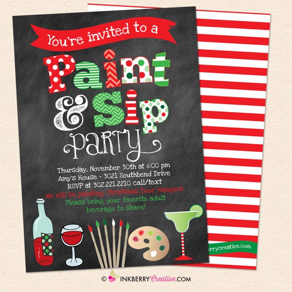 Christmas Paint & Sip Invitation, Painting Wine Party Invite, Christmas Party, Chalkboard, Printable, Instant Download, Editable, PDF