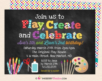 Play, Create and Celebrate Birthday Party Invitation - Kids Art Craft Birthday Party, Boy Girl - Printable, Instant Download, Editable, PDF