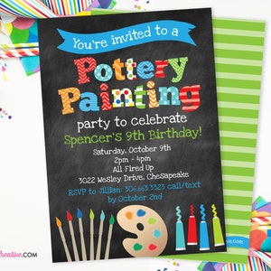 May include: A chalkboard invitation to a pottery painting party to celebrate Spencer's 9th birthday. The invitation is decorated with colorful paintbrushes, a paint palette, and tubes of paint. The party is on Saturday, October 9th from 2pm to 4pm at All Fired Up, 3022 Wesley Drive, Chesapeake. RSVP to Jillian by October 2nd.