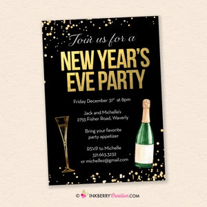 New Year's Eve Party Invitation, Black Gold Confetti Champagne Glass, Bottle of Champagne, Printable Invite, Instant Download, Editable, PDF image 1