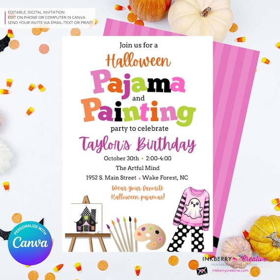 Girls Editable Halloween Pajama and Painting Birthday Party