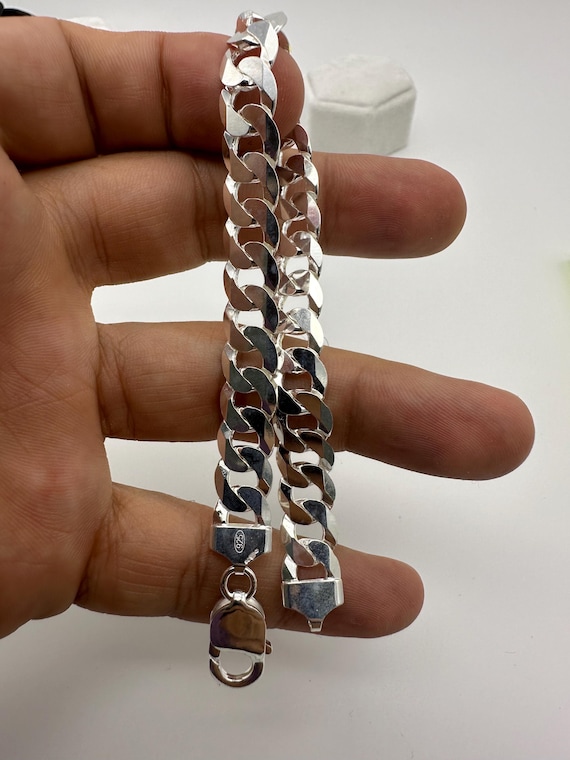 Silver 925 英国刻印 Wavy Chain Bracelet 925 Sterling Silver 10mm Chunky Heavy Mens Curb Link Chain