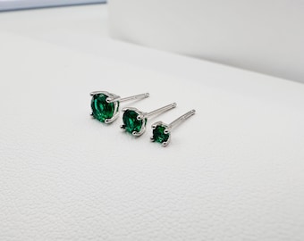 925 Sterling Silver Tiny Minimalist Emerald Stud Earring - 2mm 3mm 4mm Green Stud Earrings -Butterfly Back Gemstone Earring - Gift for Her