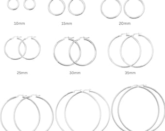 925 Sterling Silver Creole Hoop Earrings - 10mm 15mm 20mm 25mm 30mm 35mm 40mm 50mm 60mm  Pair of Hoops - 2mm Thickness of Hoops